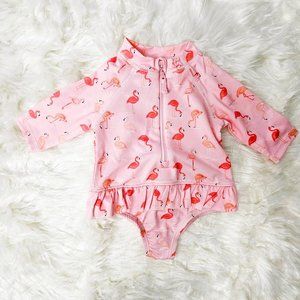 NWT Baby Girl swimsuit, 6-9M, Pink/Pink Flamingos, UPV 50 Long sleeves
